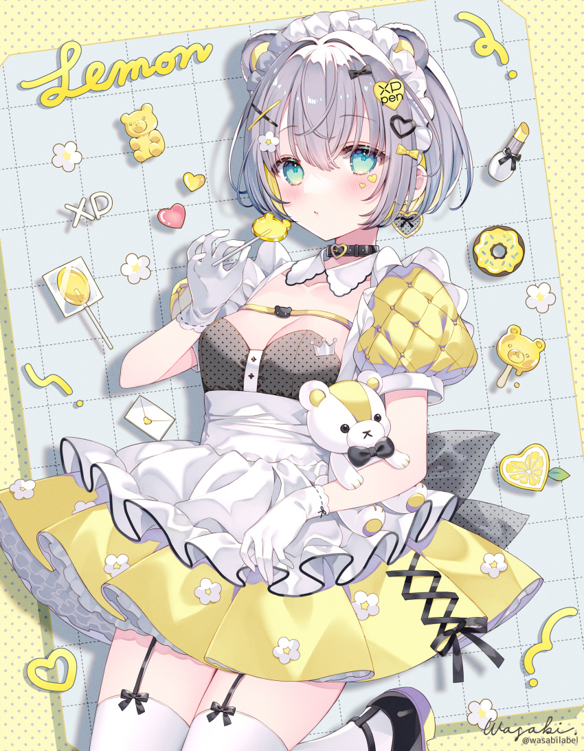 1gril absurdres apron aqua_eyes black_bow black_choker bow candy choker cleavage_cutout clothing_cutout collarbone dress eating floating flower food frilled_dress frills full_body gloves grey_hair heart highres jumping lipstick lollipop looking_at_viewer maid_apron makeup original short_hair short_sleeves simple_background solo star-shaped_pupils star_(symbol) stuffed_toy symbol-shaped_pupils tachi-e thighhighs wasabi_(sekai) white_apron white_gloves white_thighhighs zettai_ryouiki