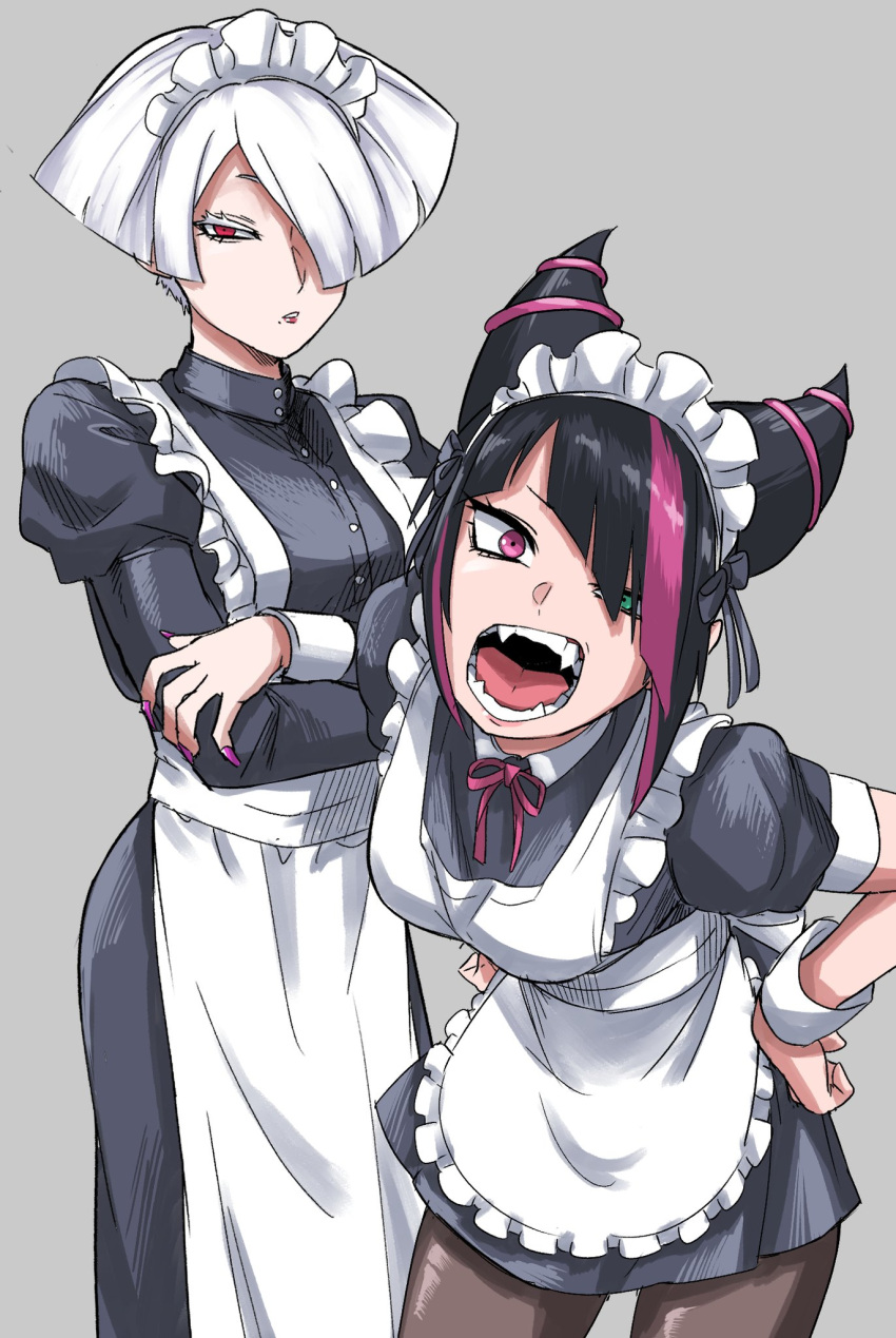 2girls a.k.i._(street_fighter) apron black_hair blunt_bangs crossed_arms dress fangs hair_horns hair_over_one_eye han_juri hands_on_own_hips heterochromia highres ilo_a5 leaning_forward maid maid_apron maid_headdress multicolored_hair multiple_girls neck_ribbon open_mouth pantyhose red_eyes ribbon short_dress short_hair streaked_hair street_fighter street_fighter_6 white_hair wrist_cuffs