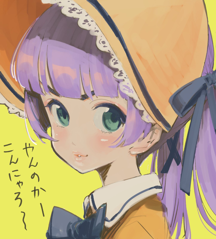 1girl black_ribbon blunt_bangs blush bonnet collared_dress commentary_request dress green_eyes hair_ribbon hat highres long_hair looking_at_viewer looking_to_the_side mochi_hiyoko mochipro neck_ribbon orange_dress orange_hat parted_lips portrait purple_hair ribbon simple_background smirk solo tamo_(gaikogaigaiko) translation_request twintails v-shaped_eyebrows virtual_youtuber yellow_background