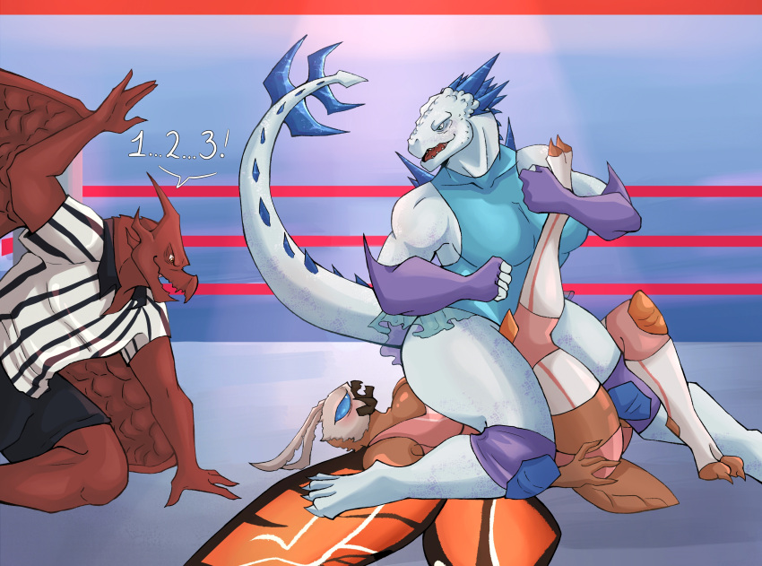 anthro arthropod clothed clothing female fighting_ring godzilla_(series) group hi_res insect kaiju legwear lepidopteran male moth mothra mothra_(series) one_piece_suit pinned pinned_to_ground pterosaur referee reptile rodan_(toho) scalie shimo_(kaiju) sitting_on_another spicepumpkinlou stockings toho trio wrestling wrestling_outfit