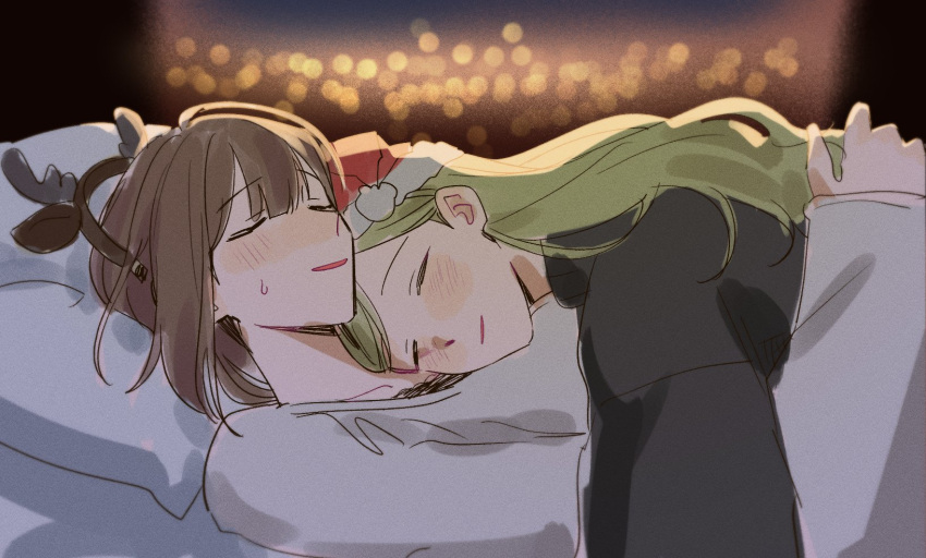 2girls antlers bak_pep black_sweater blush brown_hair character_request closed_eyes commentary_request cuddling green_hair grey_sweater hand_on_another's_back hat highres horns idolmaster korean_commentary long_hair lying lying_on_person multiple_girls night on_back on_stomach parted_lips red_hat reindeer_antlers santa_hat sleeping sweatdrop sweater yuri