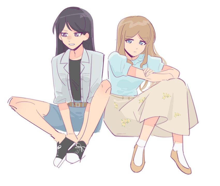2girls bang_dream! bang_dream!_it's_mygo!!!!! black_footwear black_hair black_shirt blue_eyes blue_shirt blue_shorts blush brown_footwear brown_hair brown_skirt closed_mouth collared_shirt commentary_request crossed_arms frown full_body highres long_hair mole mole_under_eye multiple_girls nagasaki_soyo open_clothes open_shirt parted_lips purple_eyes shiina_taki shirt shoes short_sleeves shorts simple_background sitting skirt sleeves_rolled_up smile sneakers socks takechi63 white_background white_shirt white_socks