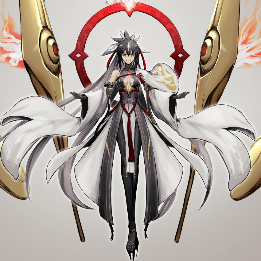 152_in_can 1girl absurdres armor black_gloves black_hair breasts center_opening detached_sleeves fate/grand_order fate_(series) floating floating_object full_body gloves gold_trim hair_between_eyes halo halo_behind_head halterneck high_ponytail highres japanese_armor layered_skirt long_hair looking_at_viewer medium_breasts multicolored_hair nagao_kagetora_(fate) shirt sidelocks single_bare_shoulder skirt smile two-tone_hair uesugi_kenshin_(fate) uesugi_kenshin_(third_ascension)_(fate) very_long_hair white_hair wide_sleeves yellow_eyes