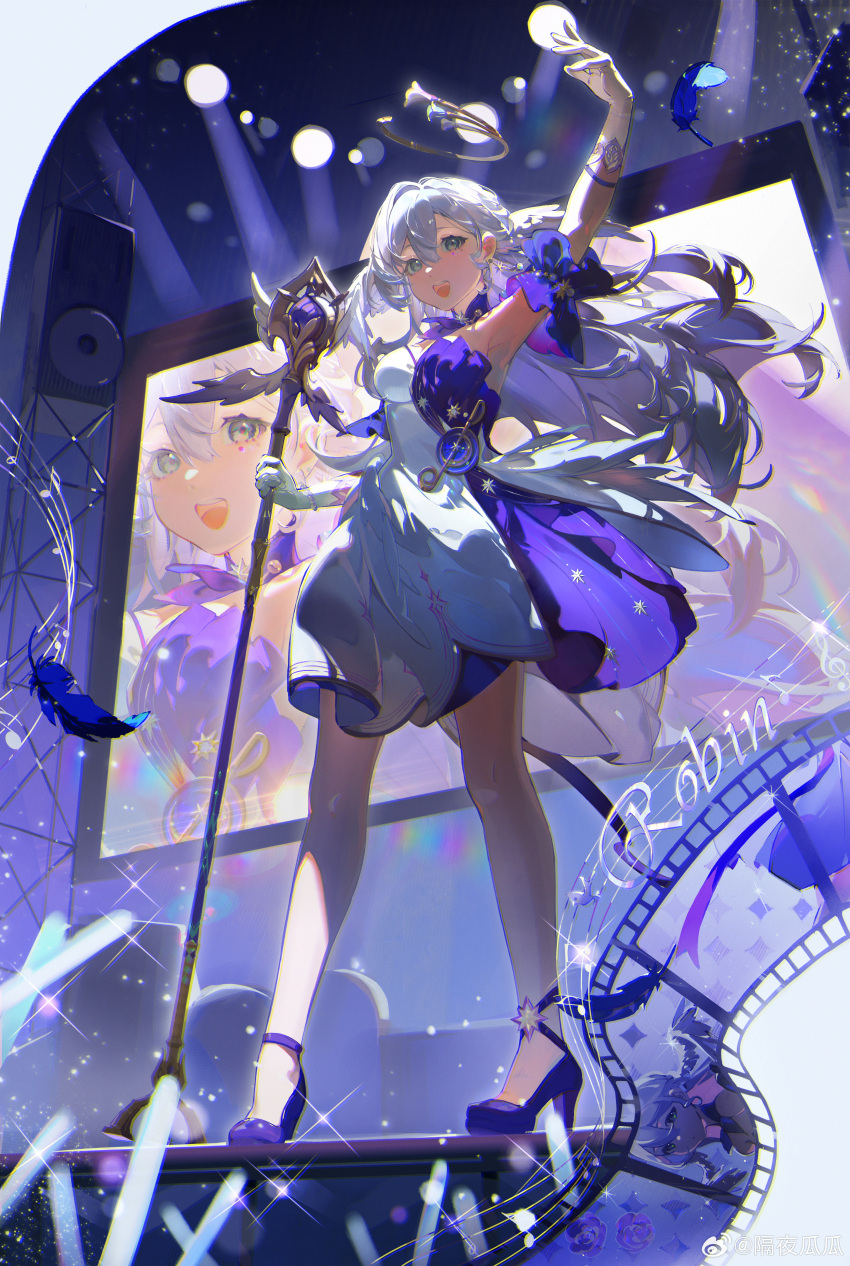 1girl absurdres aqua_eyes arm_up armpits bare_shoulders character_name detached_sleeves dress earrings falling_feathers feathers floating_hair full_body geye_guagua gloves hair_between_eyes halo head_wings high_heels highres holding holding_staff honkai:_star_rail honkai_(series) jewelry long_hair looking_ahead open_mouth purple_dress purple_footwear robin_(honkai:_star_rail) short_sleeves smile solo staff standing teeth two-tone_dress upper_teeth_only white_dress white_gloves white_wings wings