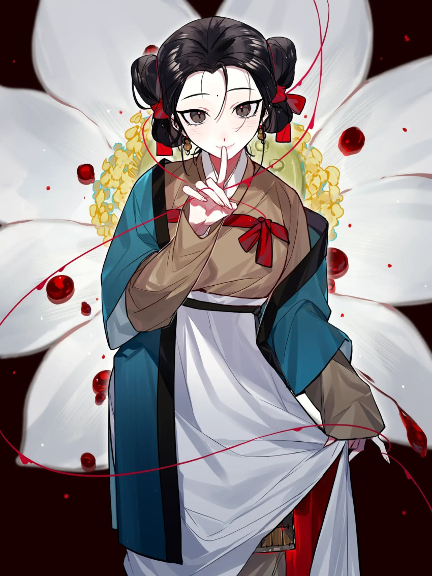 1girl a-junk black_hair brown_eyes check_copyright chinese_clothes copyright_request duijin_ruqun earrings flower hair_ribbon hand_up hanfu highres jewelry long_skirt long_sleeves looking_at_viewer original red_ribbon ribbon short_hair shuangyaji skirt smile solo string string_of_fate white_skirt yellow_flower