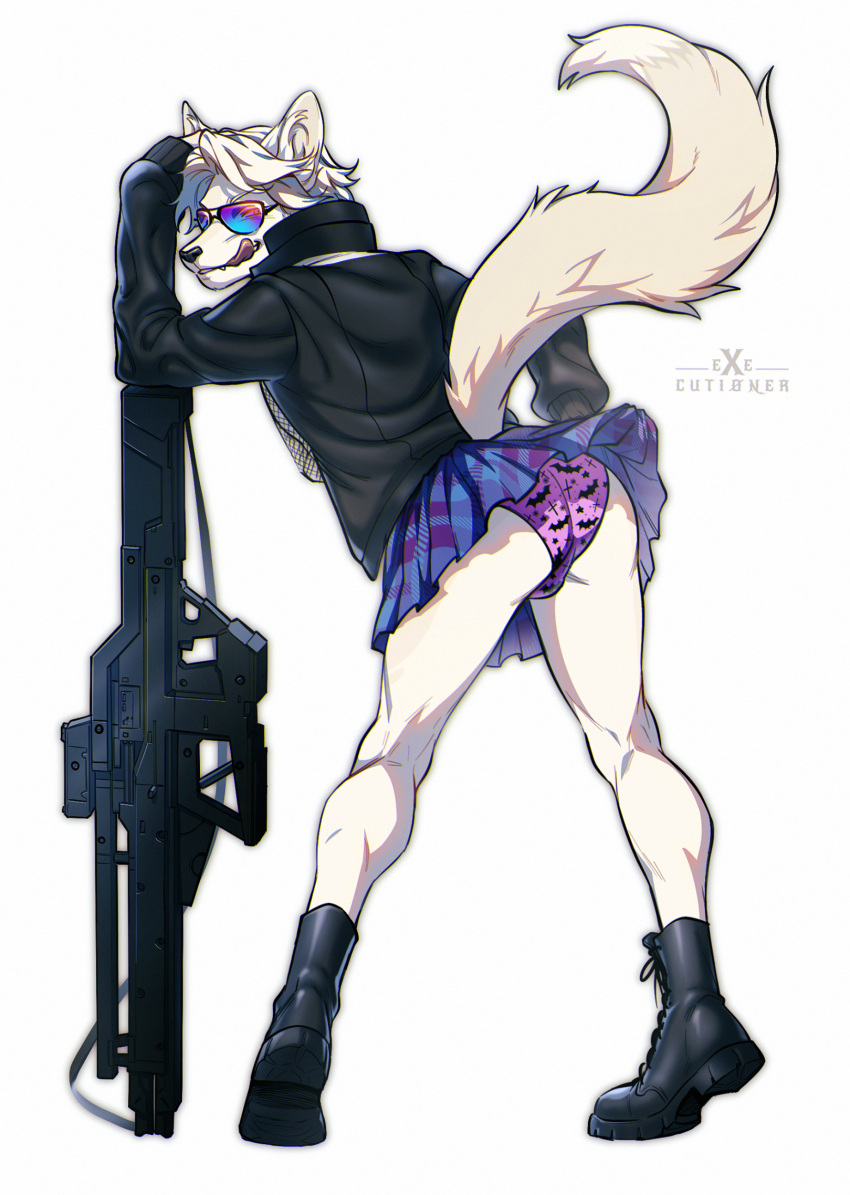 2024 anthro black_boots black_clothing black_coat black_footwear black_nose black_topwear boots bottomwear bulge butt canid canine clothing coat dipstick_tail eyewear femboy fluffy fluffy_tail footwear full-length_portrait fur gun hair hi_res holding_gun holding_object holding_ranged_weapon holding_weapon licking licking_lips logo long_sleeves looking_at_viewer looking_back male mammal markings pattern_bottomwear pattern_clothing pattern_skirt pattern_underwear portrait presenting presenting_hindquarters prick_ears purple_clothing purple_underwear raised_tail ranged_weapon rear_view shadow shoelaces short_hair simple_background skirt smile smiling_at_viewer snout solo sunglasses tail tail_markings taurus666 tiptoes tongue tongue_out topwear underwear weapon white_background white_body white_fur white_hair