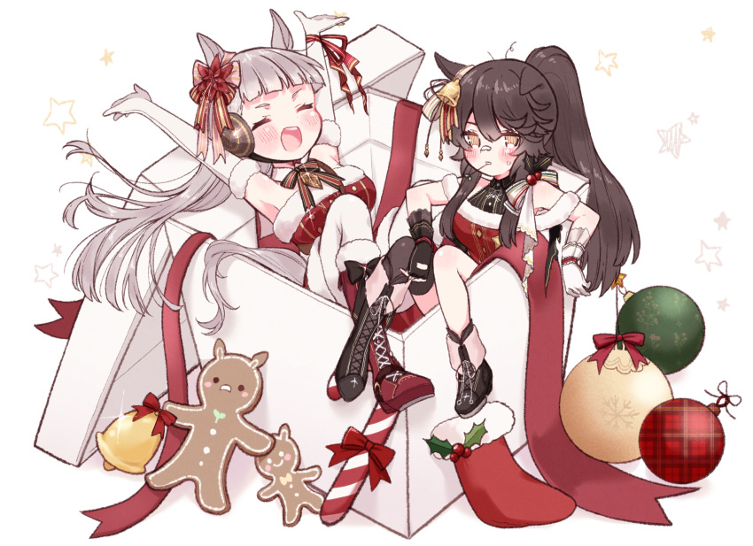 2girls absurdres alternate_costume animal_ears bare_shoulders black_hair blush box breasts brown_hair christmas_ornaments closed_eyes commentary_request dress food fruit gift gift_box gingerbread_man gloves gold_ship_(umamusume) grey_hair hair_ornament highres horse_ears horse_girl in_box in_container long_hair multiple_girls narita_brian_(umamusume) open_mouth ponytail ribbon santa_dress sitting smile tetora_(oudonoishiize) umamusume very_long_hair white_background