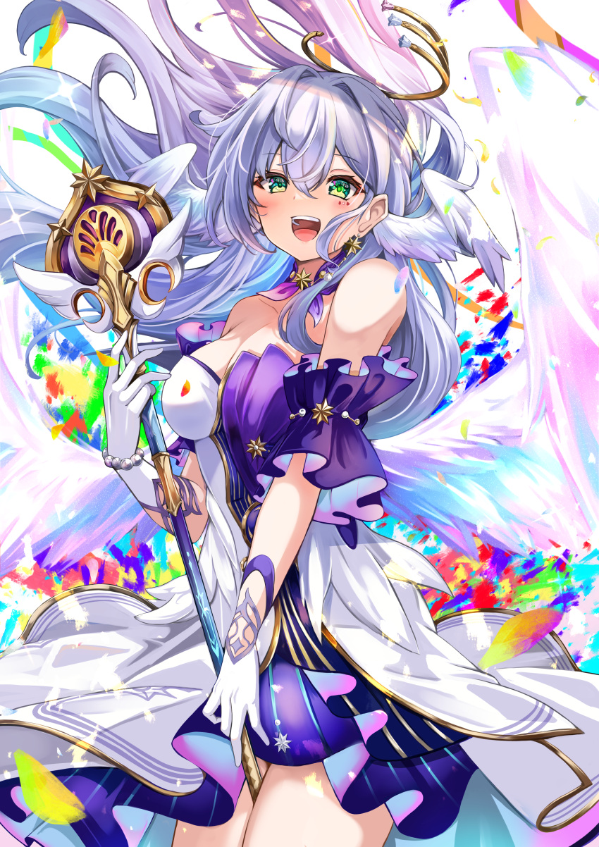 1girl :d absurdres bare_shoulders bead_bracelet beads blush bracelet breasts choker cleavage commentary cowboy_shot detached_sleeves dress green_eyes grey_hair head_wings highres holding honkai:_star_rail honkai_(series) jewelry long_hair looking_at_viewer medium_breasts open_mouth purple_choker robin_(honkai:_star_rail) shibakame short_sleeves smile solo standing strapless strapless_dress thighs very_long_hair white_dress wings