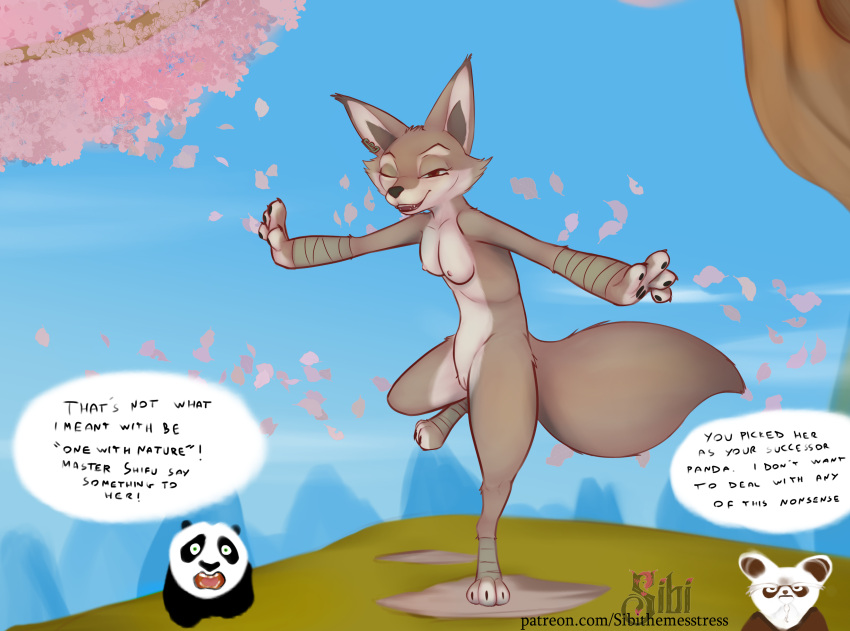 absurd_res anthro balancing breasts canid canine dreamworks female fox genitals hi_res humor kung_fu kung_fu_panda mammal nipples nude outside public public_nudity pussy sibi_the_messtress small_breasts solo speech_bubble zhen_(kung_fu_panda)