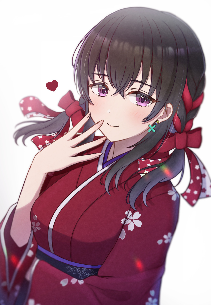 1girl absurdres blush braid commentary_request daysss earrings fujiwara_hajime hair_ribbon highres idolmaster idolmaster_cinderella_girls japanese_clothes jewelry kimono long_hair looking_at_viewer low_twintails purple_eyes ribbon ribbon_braid solo twintails
