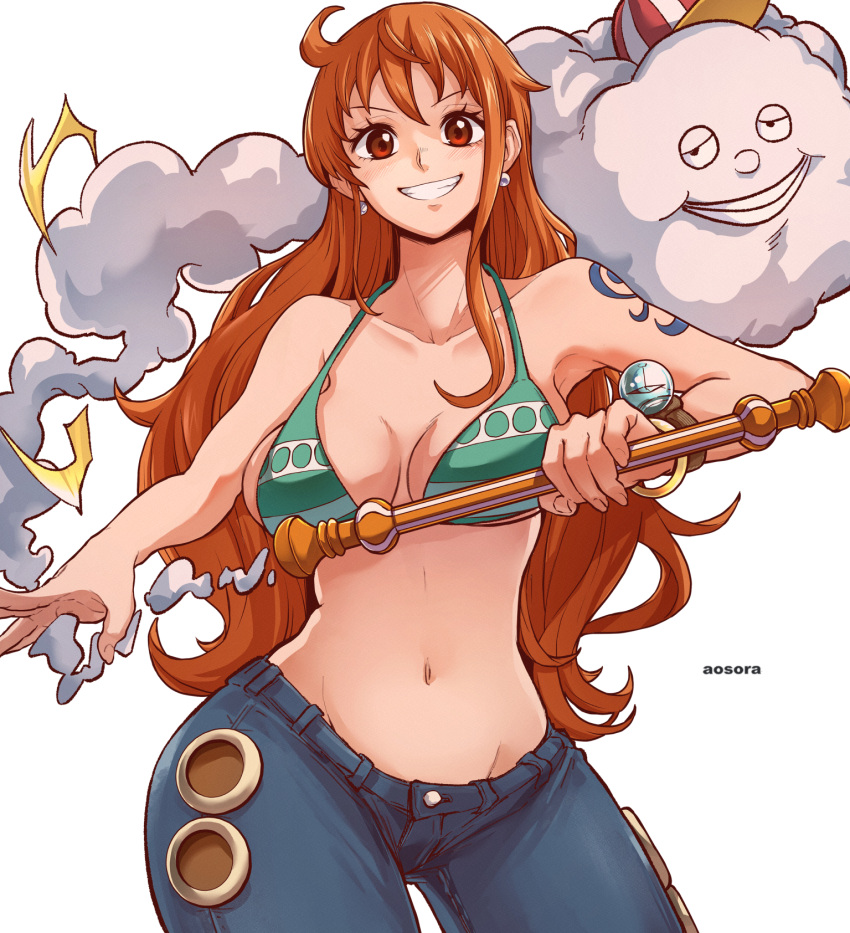 1girl aosora2823 arm_tattoo bikini bikini_top_only blue_pants breasts brown_eyes cleavage cowboy_shot earrings grin highres holding holding_staff jewelry large_breasts log_pose looking_at_viewer nami_(one_piece) navel one_piece orange_hair pants pearl_earrings simple_background smile staff swimsuit tattoo white_background zeus_(one_piece)