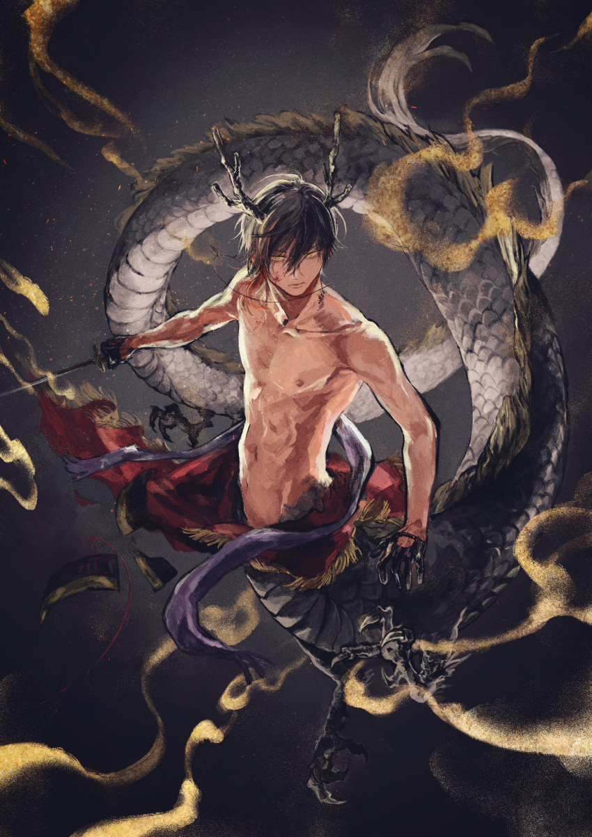 1boy black_gloves black_hair blood blood_on_face centauroid collarbone commentary_request dark-skinned_male dark_skin dragon dragon_boy dragon_horns eastern_dragon emuemu floating full_body gloves half_gloves highres holding holding_sword holding_weapon horns jewelry light_particles looking_at_viewer male_focus monster_boy necklace nipples ookurikara serious short_hair smoke solo sword taur topless_male touken_ranbu weapon yellow_eyes