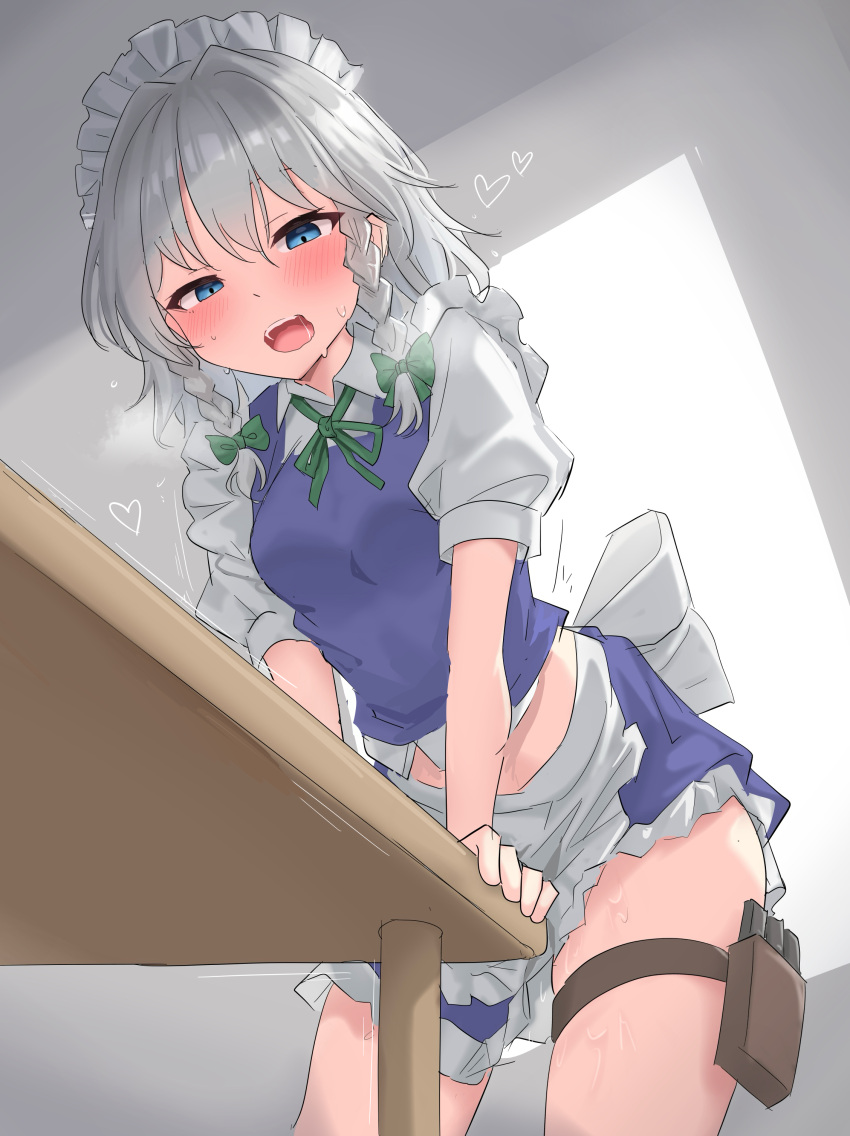 1girl absurdres apron arm_support blue_eyes blue_skirt blue_vest blush bow braid breasts commentary_request cowboy_shot crotch_rub frilled_skirt frills green_bow green_ribbon grey_background grey_hair hair_between_eyes heart highres izayoi_sakuya maid_headdress masturbation midriff_peek neck_ribbon open_mouth pouch ribbon shirt short_sleeves skirt small_breasts solo standing sweat table_humping thigh_pouch touhou trembling twin_braids very_sweaty vest waist_apron white_apron white_background white_shirt wing_collar youmu-kun