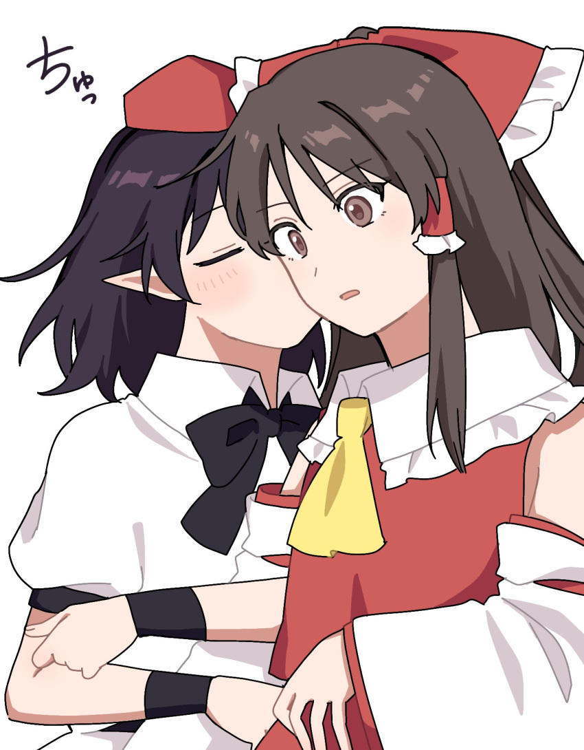 2girls arm_hug ascot black_bow black_bowtie bow bowtie brown_eyes brown_hair closed_eyes collared_shirt commentary_request detached_sleeves frilled_bow frilled_hair_tubes frills hair_bow hair_tubes hakurei_reimu hat highres kiss kissing_cheek long_hair multiple_girls open_mouth red_bow red_hat sakic43899 shameimaru_aya shirt short_sleeves surprise_kiss surprised tokin_hat touhou white_shirt yellow_ascot yuri