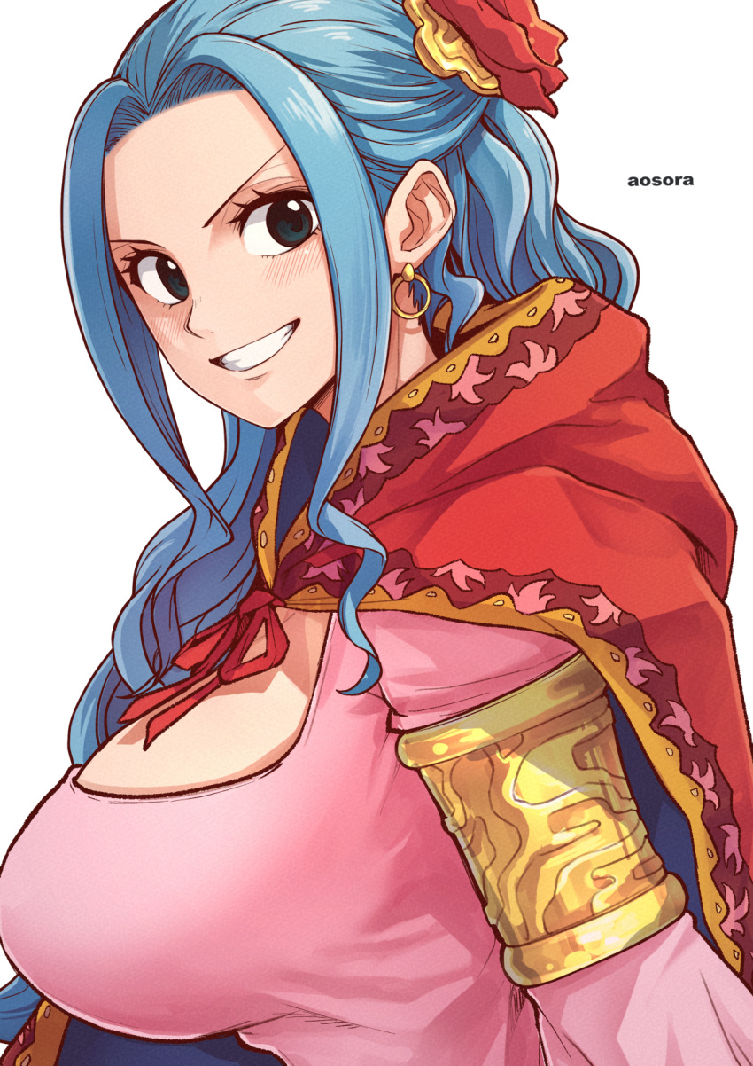 1girl aosora2823 armlet artist_name blue_eyes blue_hair blush breasts cape clenched_teeth commentary earrings highres hoop_earrings jewelry large_breasts long_hair long_sleeves looking_at_viewer nefertari_vivi one_piece red_cape simple_background smile solo teeth white_background