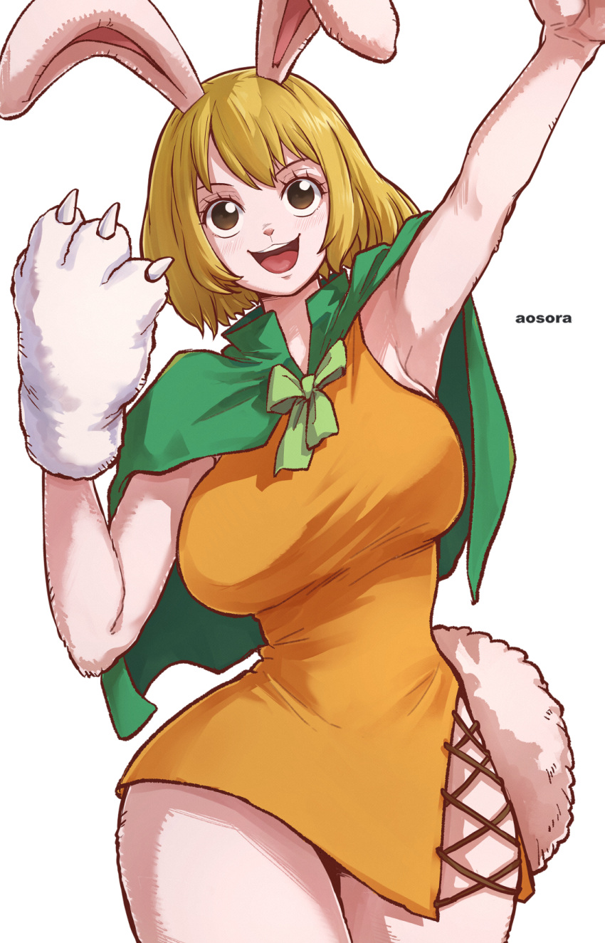 1girl :d animal_ears animal_hands aosora2823 arm_up armpits artist_name blonde_hair breasts brown_eyes carrot_(one_piece) commentary dress furry furry_female gloves highres large_breasts one_piece open_mouth orange_dress paw_gloves rabbit_ears rabbit_girl rabbit_tail short_hair simple_background single_glove smile solo tail white_background