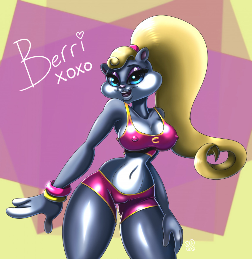 anthro berri big_breasts blindedna blonde_hair blue_eyes breasts chipmunk cleavage clothed clothing conker's_bad_fur_day english_text female fur grey_body grey_fur ground_squirrel hair hand_on_leg hi_res looking_at_viewer mammal narrowed_eyes nipple_outline open_mouth rareware rodent sciurid smile solo standing teeth text thick_thighs tongue video_games wide_hips xoxo
