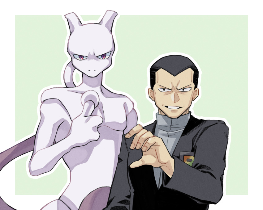 1boy black_eyes black_hair black_jacket colored_skin giovanni_(pokemon) grey_shirt half-heart_hands heart_hands_failure highres jacket looking_at_viewer male_focus mewtwo oyu_no_mizuwari pokemon pokemon_(creature) pokemon_masters_ex purple_skin red_eyes shirt short_hair simple_background smile tail team_rainbow_rocket thumbs_up turtleneck v-shaped_eyebrows