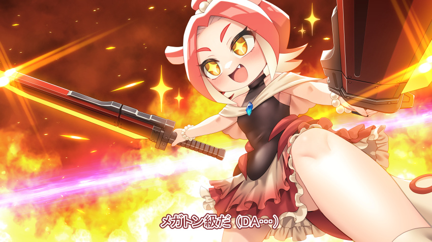 +_+ 1girl :d absurdres bettle_(b_s_a_n) bracelet breasts capelet character_request dual_wielding fang highres holding holding_weapon jewelry megaton_musashi pearl_bracelet pink_hair red_skirt skirt small_breasts smile solo sparkle standing sword weapon white_capelet