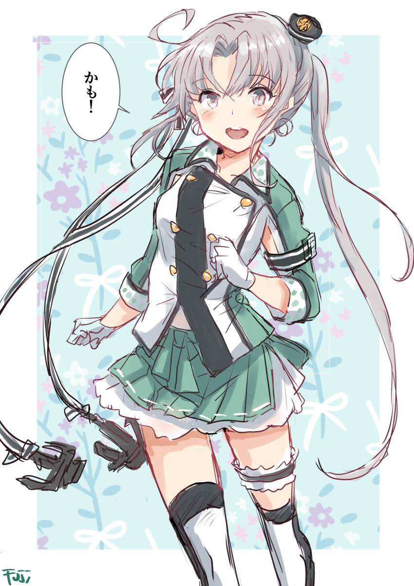 1girl ahoge akitsushima_(kancolle) anchor_hair_ornament armpit_cutout bridal_garter clothing_cutout commentary_request feet_out_of_frame floral_background fuji_(pixiv24804665) green_skirt grey_eyes hair_ornament hat highres kantai_collection military_uniform mini_hat side_ponytail skirt smile solo thighhighs uniform white_thighhighs