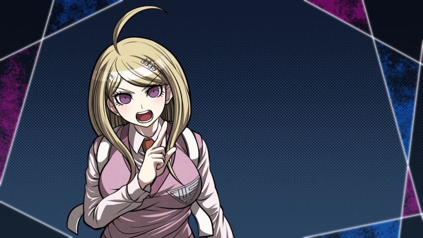 1girl ahoge akamatsu_kaede backpack bag blonde_hair blue_background breasts collared_shirt commentary_request crest danganronpa_(series) danganronpa_v3:_killing_harmony hair_ornament large_breasts light_blush long_hair long_sleeves musical_note musical_note_hair_ornament necktie official_style open_mouth orange_necktie outside_border parody pink_vest polka_dot polka_dot_background purple_eyes shirt simple_background solo straight-on style_parody teeth upper_body v-neck v-shaped_eyebrows vest white_bag white_shirt white_sleeves yumaru_(marumarumaru)