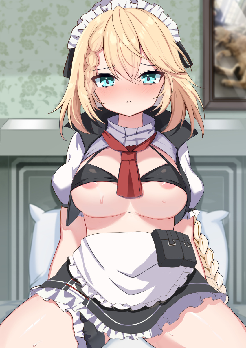 1girl absurdres apron areola_slip bikini bikini_under_clothes black_bikini black_skirt blonde_hair blue_eyes blush braid braided_bangs breasts closed_mouth clothes_lift frilled_apron frilled_skirt frills g36_(girls'_frontline) girls'_frontline hair_between_eyes highres indoors long_hair looking_at_viewer maid maid_headdress medium_breasts nose_blush painting_(object) pillow puffy_short_sleeves puffy_sleeves rinringyo shirt shirt_lift short_sleeves single_braid sitting skirt solo swimsuit very_long_hair white_apron white_shirt