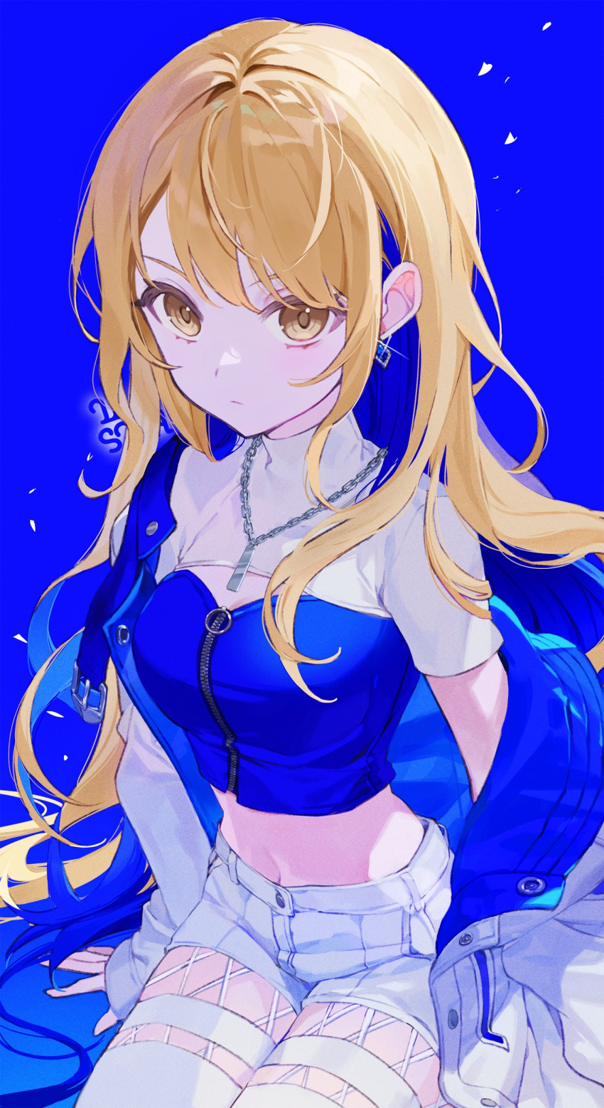 1girl absurdres azusawa_kohane blonde_hair blue_background blue_hair blue_jacket breasts brown_eyes cleavage closed_mouth colored_inner_hair cowboy_shot crop_top earrings fishnet_thighhighs fishnets hashtag-only_commentary highres jacket jewelry long_hair looking_at_viewer medium_breasts midriff multicolored_clothes multicolored_hair multicolored_jacket navel pendant project_sekai sha_(nz2) shirt short_sleeves shorts sidelocks single_earring sitting solo swept_bangs thighhighs two-tone_hair two-tone_jacket whip_the_wimp_girl!!_(project_sekai) white_jacket white_shirt white_shorts yellow_eyes