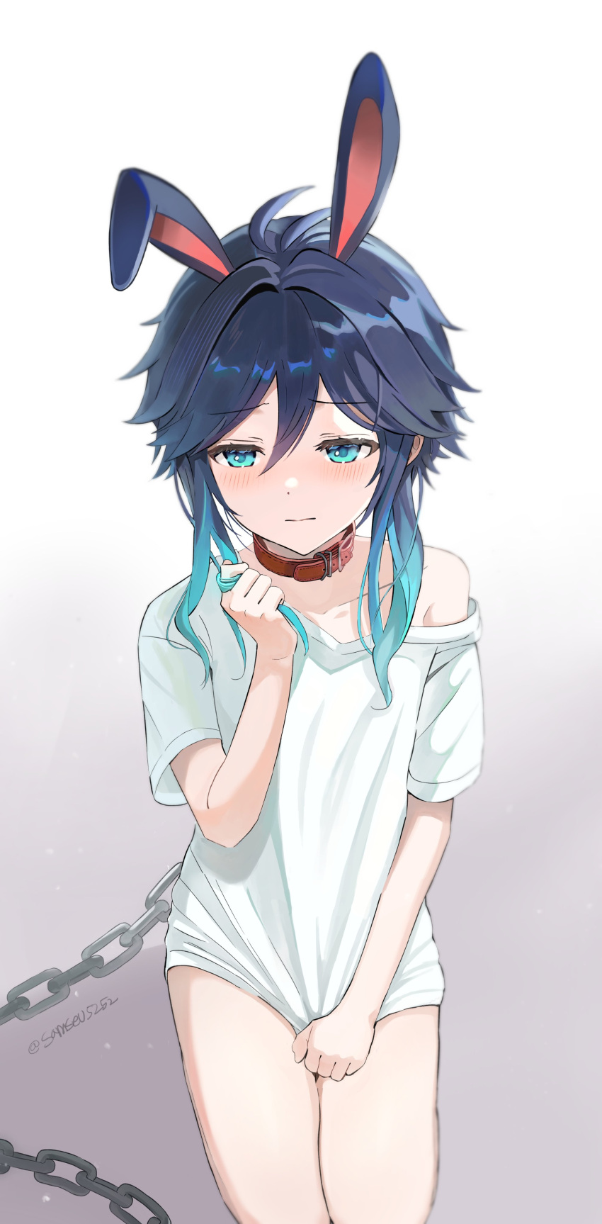 1boy absurdres animal_ears aqua_hair bare_legs black_hair blue_hair blush braid chain closed_mouth collar genshin_impact gradient_hair highres male_focus multicolored_hair rabbit_ears samseu shirt solo t-shirt twin_braids venti_(genshin_impact) white_shirt