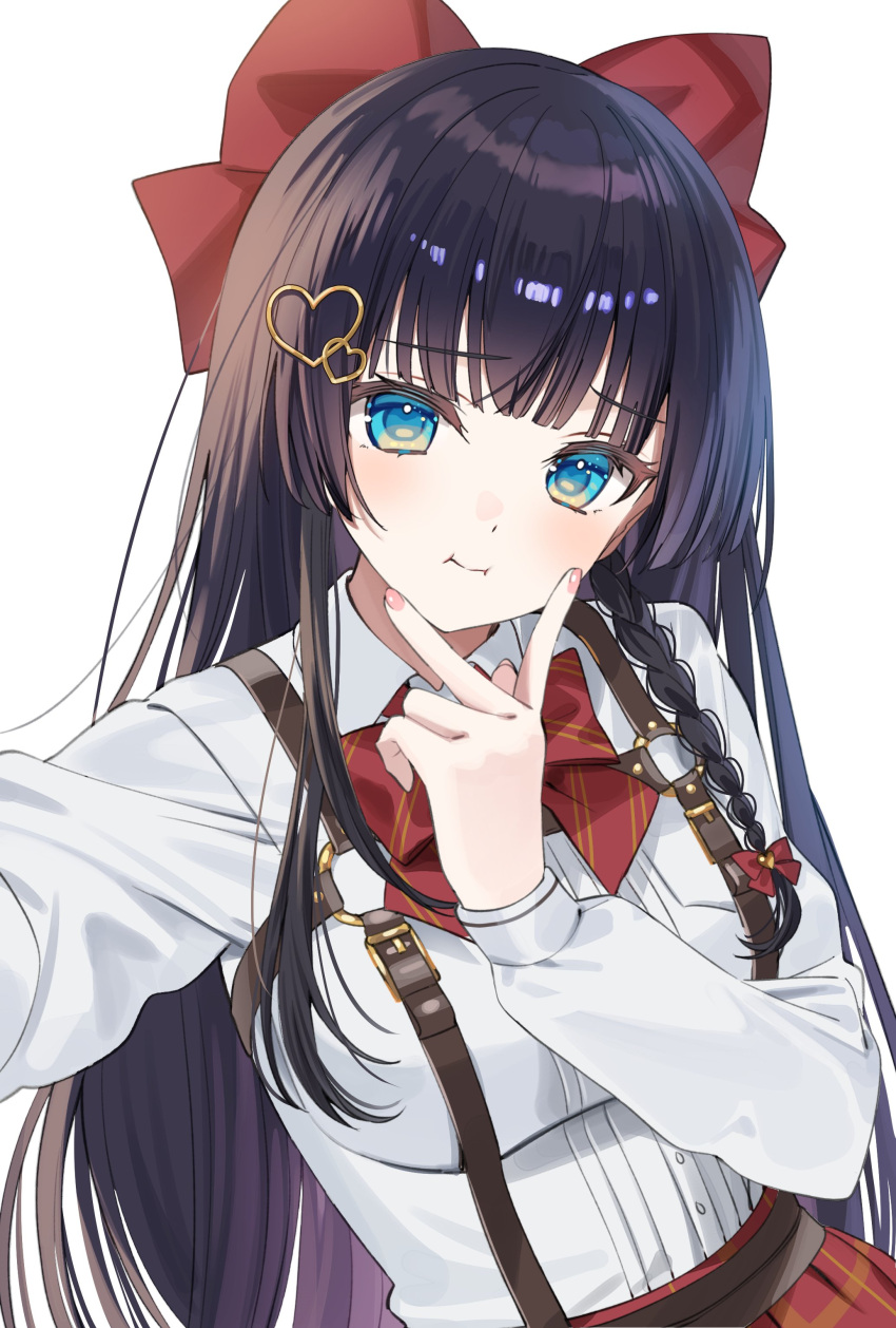 1girl :t a20_(atsumaru) absurdres black_hair blue_eyes blunt_bangs blush bow bowtie breasts choppy_bangs closed_mouth collared_shirt cowboy_shot dot_nose dutch_angle hair_bow hair_ornament head_tilt heart heart_hair_ornament high-waist_skirt highres long_hair long_sleeves looking_at_viewer medium_breasts nail_polish outstretched_arm pink_nails plaid plaid_skirt pleated_skirt pout reaching reaching_towards_viewer red_bow red_bowtie red_skirt selfie shirayuki_hina shirt shirt_tucked_in sidelocks simple_background skirt solo stellive straight_hair striped_bow striped_bowtie striped_clothes suspender_skirt suspenders two-tone_eyes v_over_mouth virtual_youtuber white_background white_shirt yellow_eyes