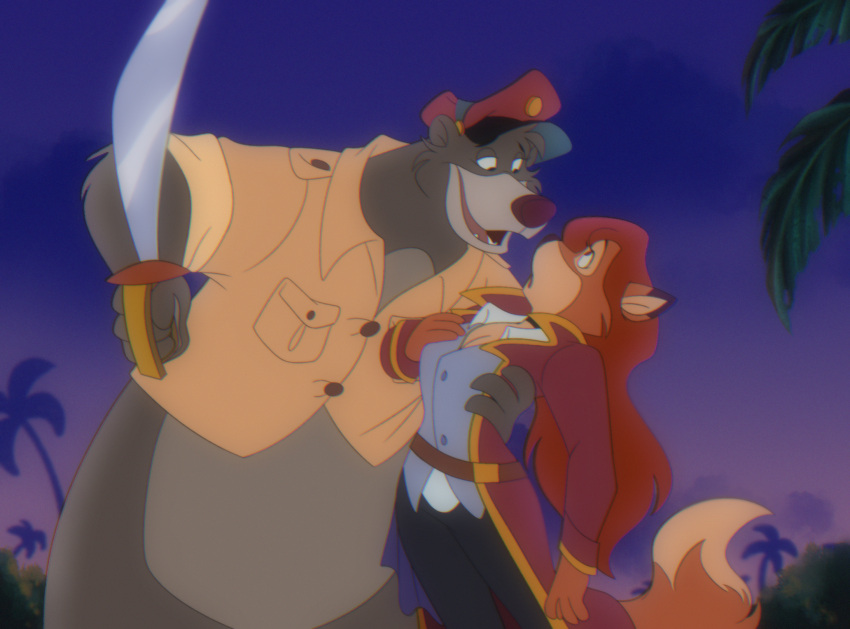 anthro arm_around_back baloo bear bedroom_eyes belt bottomwear breasts buttondown_shirt canid canine clothing collared_shirt disney duo dusk eye_contact female fox hair hand_on_chest hat headgear headwear hi_res long_hair looking_at_another looking_down looking_up male male/female mammal melee_weapon narrowed_eyes nose_to_nose open_mouth overshirt palm_tree pantless_male pants persephone_(trishabeakens) plant purple_sky red_fox red_hair seductive sky sloth_bear sword tail talespin teeth_showing the_jungle_book tree trishabeakens true_fox ursine weapon