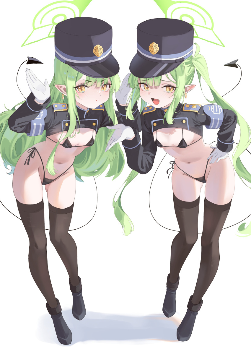 2girls absurdres ass_visible_through_thighs bikini black_bikini black_footwear black_hat black_jacket black_tail black_thighhighs blue_archive blush cake_walker demon_tail earrings full_body gloves green_hair green_halo groin halo hat highres hikari_(blue_archive) jacket jewelry long_hair long_sleeves looking_at_viewer multiple_girls navel nozomi_(blue_archive) open_mouth parted_lips peaked_cap pointy_ears shoes siblings simple_background sisters smile swimsuit tail thighhighs twins twintails white_background white_gloves yellow_eyes