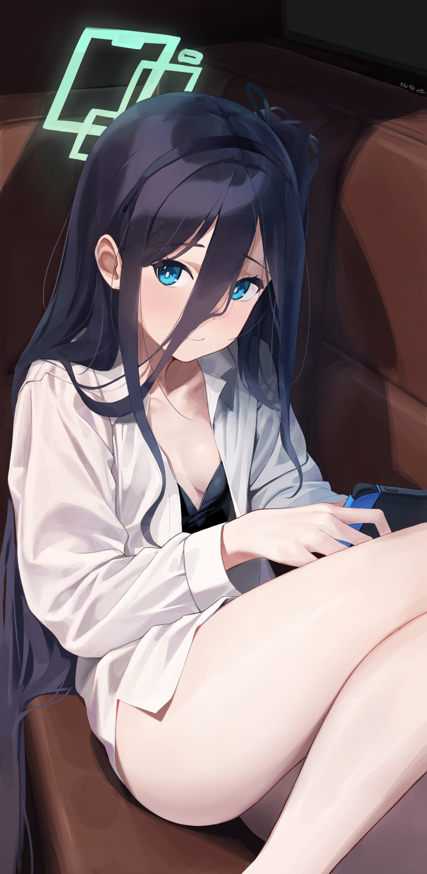 1girl absurdly_long_hair absurdres aris_(blue_archive) ass black_hair black_hairband blue_archive blue_eyes blush breasts closed_mouth collarbone couch green_halo hairband halo handheld_game_console highres holding holding_handheld_game_console long_hair looking_at_viewer not_forever2w one_side_up open_clothes open_shirt shirt signature sitting small_breasts smile solo thighs very_long_hair white_shirt