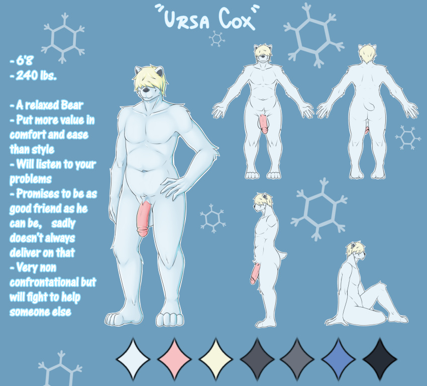 absurd_res anthro balls bear genitals hair hair_over_eyes hi_res humanoid_genitalia male mammal model_sheet nude penis pink_penis polar_bear sitting slightly_chubby solo standing unknown_artist ursa_cox ursine