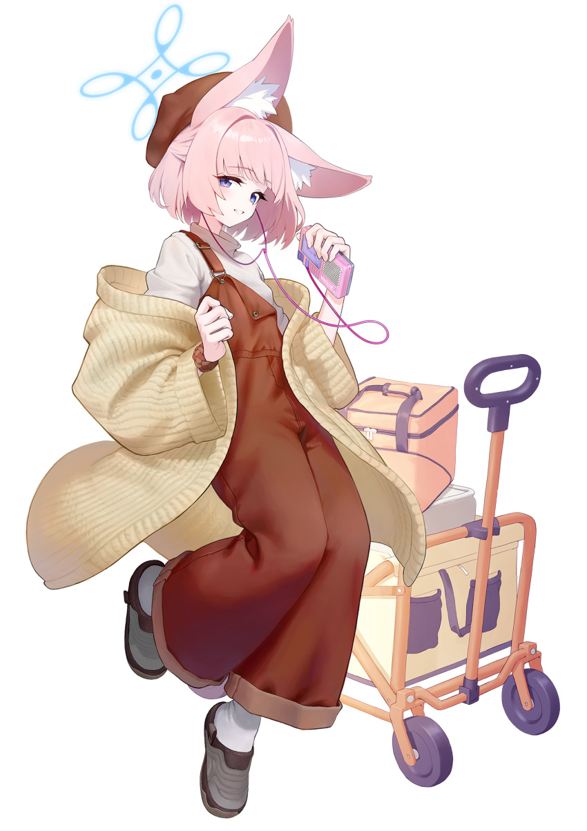 1girl alternate_costume animal_ear_fluff animal_ears beret blue_archive brown_hat brown_overalls cheenack digital_media_player fox_ears full_body grey_footwear hat highres jacket long_sleeves looking_at_viewer niko_(blue_archive) open_clothes open_jacket open_mouth overalls pink_hair purple_eyes shirt shoes short_hair simple_background smile solo white_background white_shirt yellow_jacket
