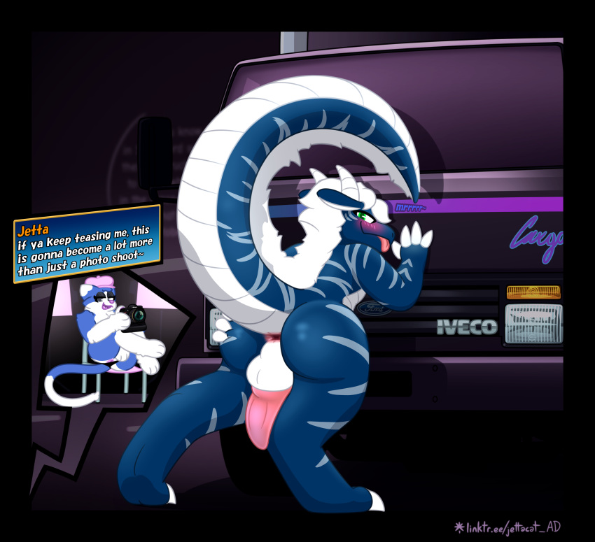 absurd_res ambiguous_gender anthro big_butt blue_body blue_fur blue_scales butt camera clothing director's_chair domestic_cat dragon duo english_text felid feline felis ford ford_cargo fur genitals hat headgear headwear hi_res iveco iveco_ford jetta_(jettacat) jettacat male male/ambiguous mammal meta_humor mythological_creature mythological_scalie mythology nikon penis photo_shoot pink_clothing pink_hat pink_headwear presenting presenting_hindquarters raised_tail scales scalie spread_butt spreading studio tail text thong truck underwear vehicle white_body white_fur white_scales