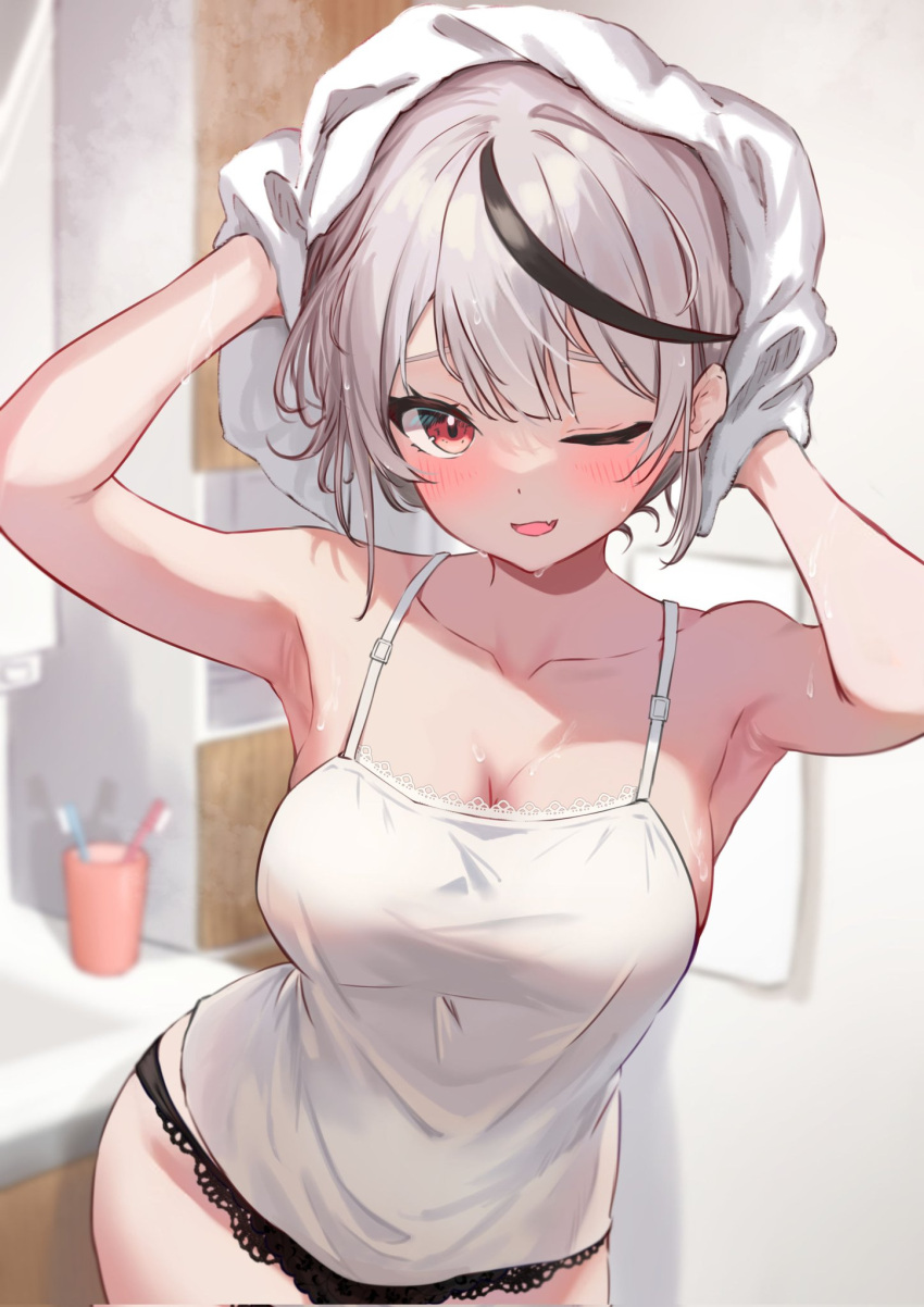 1girl bare_shoulders black_hair black_panties blush breasts camisole cleavage fang grey_hair highres hololive hololive_english indoors lace-trimmed_panties lace_trim large_breasts looking_at_viewer multicolored_hair namakatsu one_eye_closed open_mouth panties red_eyes sakamata_chloe short_hair skin_fang solo streaked_hair toothbrush towel underwear underwear_only virtual_youtuber wet white_camisole