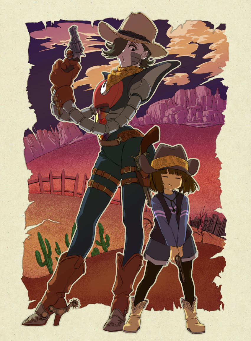 1boy 1other absurdres androgynous android bandana black_leggings boots brown_gloves cactus colored_skin cowboy_boots cowboy_fringe cowboy_hat cowboy_western desert ear_piercing earrings eyeshadow fence fringe_trim frisk_(undertale) gloves gun gunbelt hair_over_one_eye handgun hat heart highres holster jewelry kamahira_l leggings makeup mechanical_arms mettaton mettaton_ex neckerchief o3o paisley piercing print_neckerchief revolver robot shirt short_hair shoulder_pads size_difference spurs striped_clothes striped_shirt stud_earrings undertale weapon yellow_bandana yellow_neckerchief yellow_skin