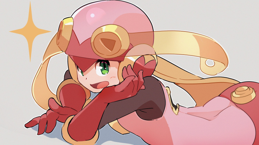 1girl 3suisousui ass black_bodysuit blonde_hair bodysuit gloves green_eyes hand_on_own_face helmet highres leotard long_hair looking_at_viewer lying mega_man_(series) mega_man_battle_network_(series) netnavi on_stomach open_mouth pink_gloves pink_helmet pink_leotard roll.exe_(mega_man) simple_background smile solo sparkle