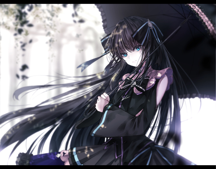 1girl arcaea backlighting black_bow black_dress black_hair blue_eyes blurry blurry_background bow clothing_cutout cowboy_shot dress expressionless hair_bow hair_intakes highres holding holding_umbrella letterboxed long_hair long_sleeves looking_at_viewer parasol plant sanamisa shoulder_cutout solo tairitsu_(arcaea) umbrella wide_sleeves