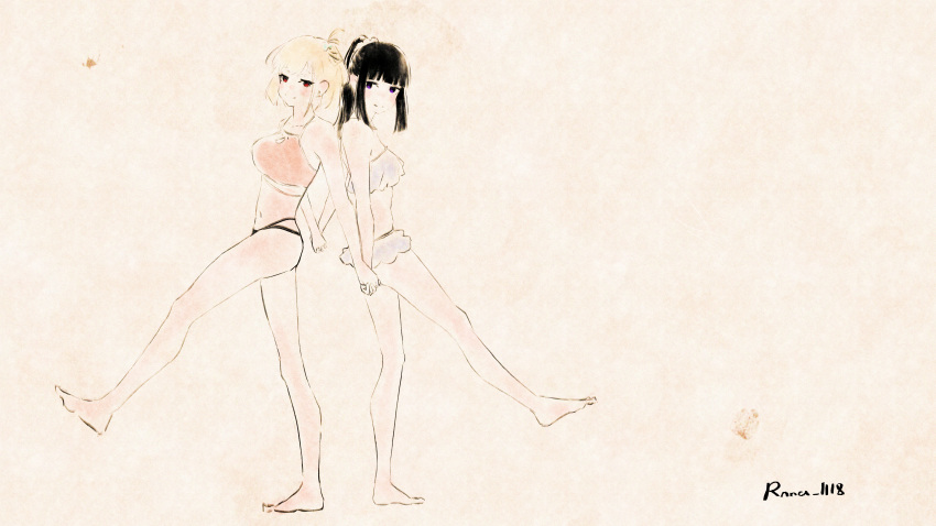 2girls absurdres artist_name back-to-back barefoot bikini black_bikini_bottom black_hair blonde_hair blunt_bangs blush bob_cut breasts closed_mouth commentary frilled_bikini frills full_body hair_ornament hair_scrunchie highres holding_hands inoue_takina large_breasts long_hair looking_at_viewer lycoris_recoil multiple_girls navel nishikigi_chisato one_side_up orange_bikini ponytail purple_eyes red_eyes rnna scrunchie short_hair sidelocks stomach swimsuit symbol-only_commentary white_bikini white_scrunchie yuri