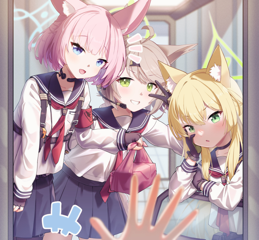 1other 3girls absurdres animal_ear_fluff animal_ears black_choker black_gloves black_sailor_collar black_skirt blonde_hair blue_archive blue_eyes blue_halo choker collarbone earpiece fingerless_gloves fox_ears gloves green_eyes green_halo grin halo highres kurumi_(blue_archive) light_brown_hair long_hair long_sleeves multiple_girls niko_(blue_archive) open_mouth otogi_(blue_archive) pink_hair pleated_skirt sailor_collar school_uniform serafuku short_hair skirt smile wjddn