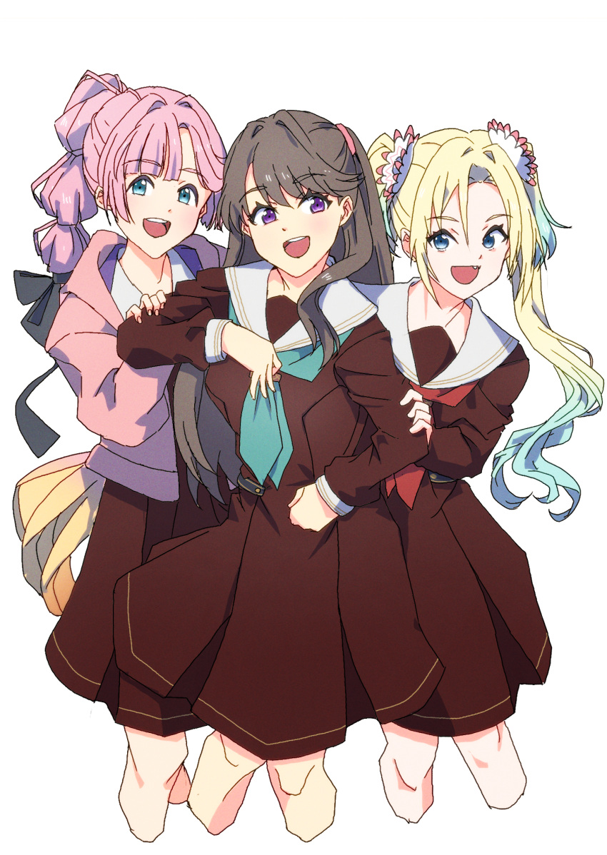 3girls :d anyoji_hime aqua_neckerchief black_ribbon blonde_hair blue_eyes blue_hair blunt_bangs brown_dress brown_hair commentary cropped_legs dress fang feet_out_of_frame flower fujishima_megumi gradient_hair hair_flower hair_ornament hair_ribbon hand_on_another's_arm hasu_no_sora_school_uniform highres jacket light_blue_hair link!_like!_love_live! long_hair long_sleeves looking_at_viewer love_live! lunatic_rabbit medium_dress mira-cra_park! multi-tied_hair multicolored_hair multiple_girls neckerchief open_clothes open_jacket osawa_rurino parted_bangs pink_flower pink_hair pink_jacket pleated_dress ponytail purple_eyes red_neckerchief ribbon sailor_collar sailor_dress school_uniform sidelocks simple_background smile standing swept_bangs teeth twintails two_side_up upper_teeth_only very_long_hair virtual_youtuber white_background white_flower white_sailor_collar winter_uniform