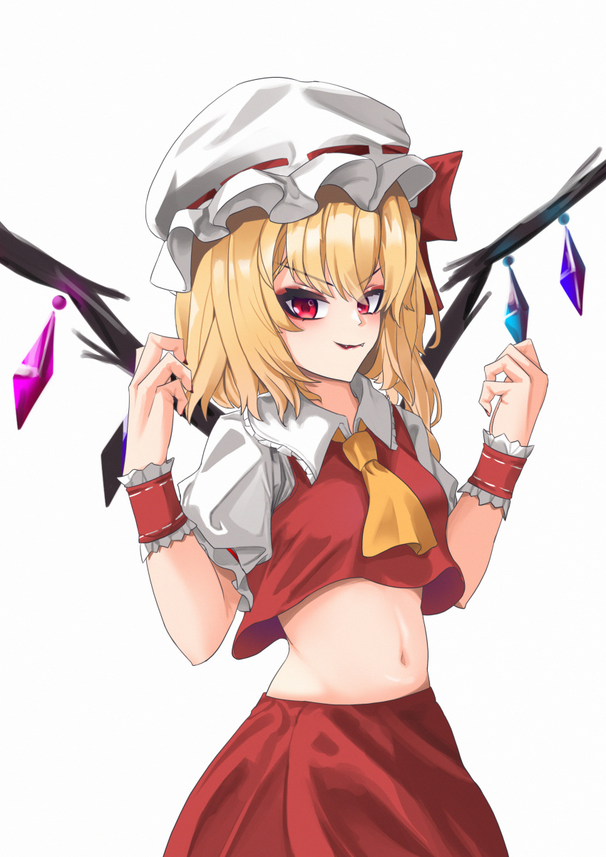 1girl absurdres ascot blonde_hair crop_top crystal_wings flandre_scarlet hat hat_ribbon highres midriff red_eyes red_ribbon red_skirt ribbon simple_background skirt smile solo touhou white_background white_mob_cap wrist_cuffs yellow_ascot z-02