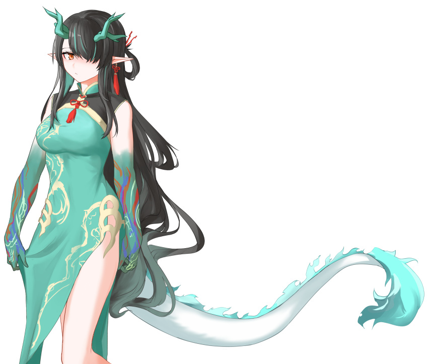 1girl aqua_tail arknights arm_at_side bare_shoulders black_hair china_dress chinese_clothes chinese_commentary closed_mouth colored_extremities commentary_request cowboy_shot dragon_girl dragon_horns dragon_tail dress dusk_(arknights) dusk_(everything_is_a_miracle)_(arknights) earrings expressionless green_dress green_hair green_horns hair_over_one_eye highres horns jewelry long_hair looking_at_viewer multicolored_hair neti_(cpu11151) official_alternate_costume one_eye_covered pointy_ears red_ribbon ribbon side_slit simple_background skirt_hold sleeveless sleeveless_dress solo standing streaked_hair tail very_long_hair white_background white_tail