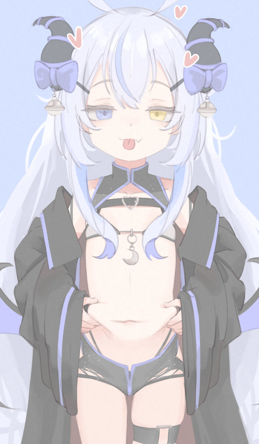 1girl absurdres akugaki_koa belly_grab bikini black_coat black_shorts blue_bow blue_trim boresama bow buckle chest_belt coat cowboy_shot demon_girl demon_horns demon_wings diamond-shaped_pupils diamond_(shape) fang grey_hair hashtag-only_commentary heart heart-shaped_buckle heterochromia highleg highleg_panties highres horn_bow horn_ornament horns idol_corp light_blue_background long_hair looking_at_viewer micro_shorts navel off_shoulder panties pastel_colors pinching shorts shrug_(clothing) skin_fang skindentation solo swimsuit symbol-shaped_pupils thigh_strap tongue tongue_out torn_clothes torn_shorts underwear virtual_youtuber white_bikini wings