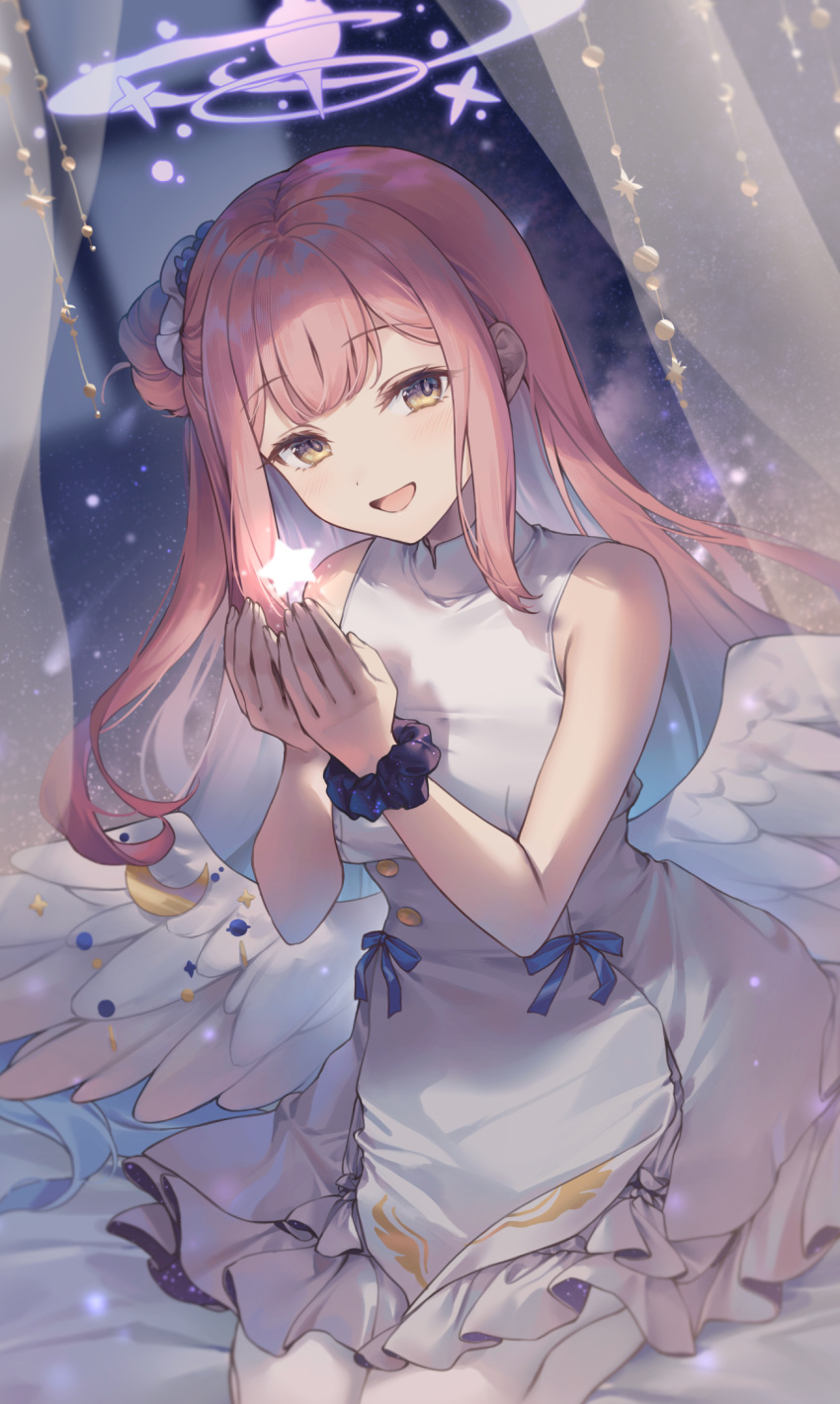 1girl angel_wings black_scrunchie blue_archive blunt_bangs blush breasts curtains dress feathered_wings frilled_ribbon frills hair_bun halo highres holding holding_hands large_breasts long_hair looking_at_viewer low_wings mika_(blue_archive) pink_hair pink_halo ribbon scrunchie shiidap single_side_bun smile solo star_(symbol) tea_party_(blue_archive) white_dress white_wings wing_ornament wings wrist_scrunchie yellow_eyes