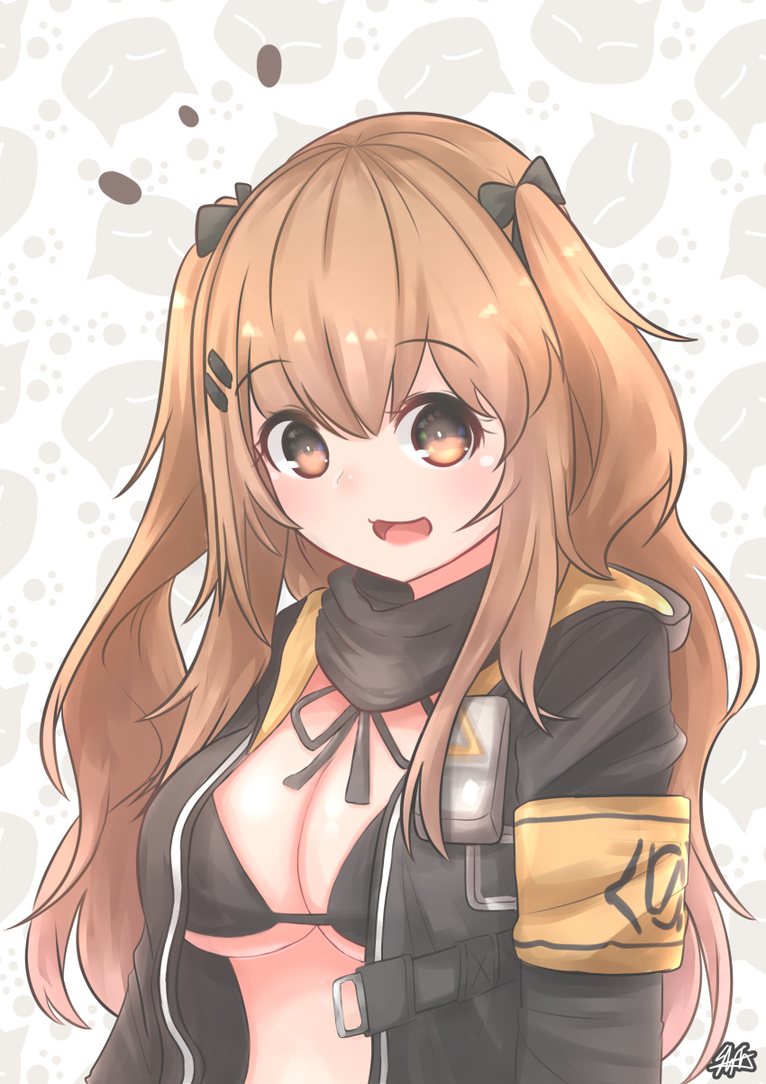 1girl 404_logo_(girls_frontline) :3 absurdres armband bangs bikini bikini_top breasts brown_eyes brown_hair cleavage clip_studio_paint_(medium) eyebrows_visible_through_hair girls_frontline hair_between_eyes hair_ornament hair_ribbon hairclip highres hiromaster_sinta_jh hood hood_down hooded_jacket jacket large_breasts long_hair open_clothes open_jacket open_mouth ribbon scarf smile solo swimsuit twintails ump9_(girls_frontline)