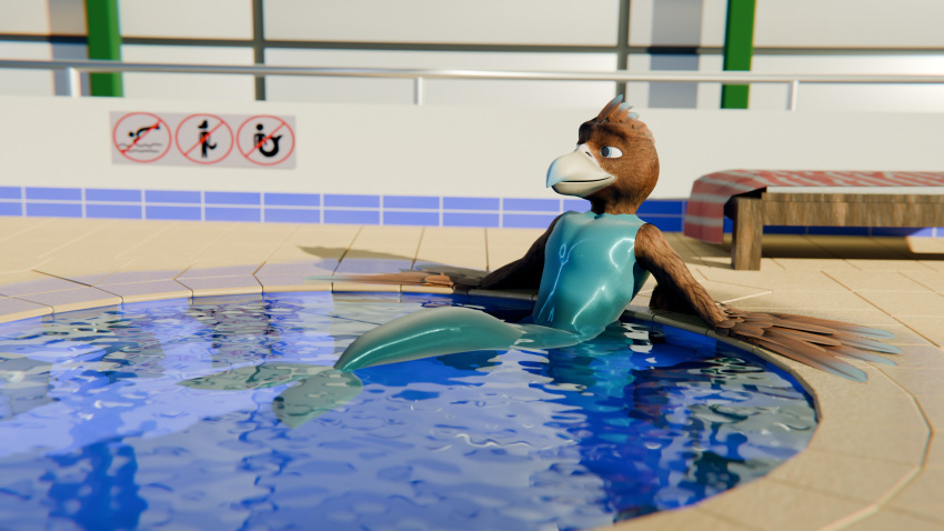 16:9 3d_(artwork) 4k absurd_res accipitrid accipitriform ambiguous_gender anthro aquinas_audax aquinas_audax_(character) avian beak bird blue_eyes brown_body clothed clothing digital_media_(artwork) eagle feathers fin hi_res mermaid_costume mermaid_tail partially_submerged pool sign solo swimwear tail tail_fin towel water wedgetail_eagle widescreen wings