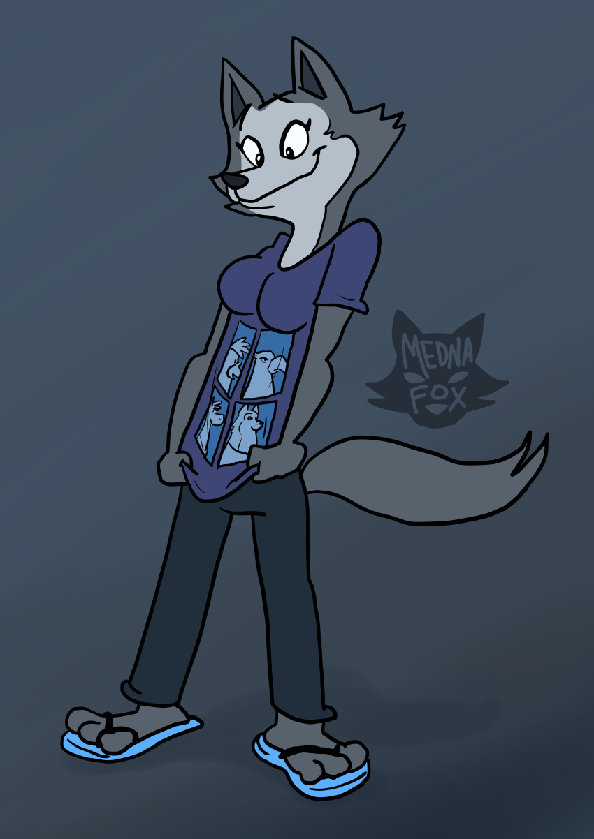 absurd_res anthro canid canine canis clothing female flip_flops footwear hi_res mammal mednafox sandals shirt shirt_pulled_down solo t-shirt topwear wolf