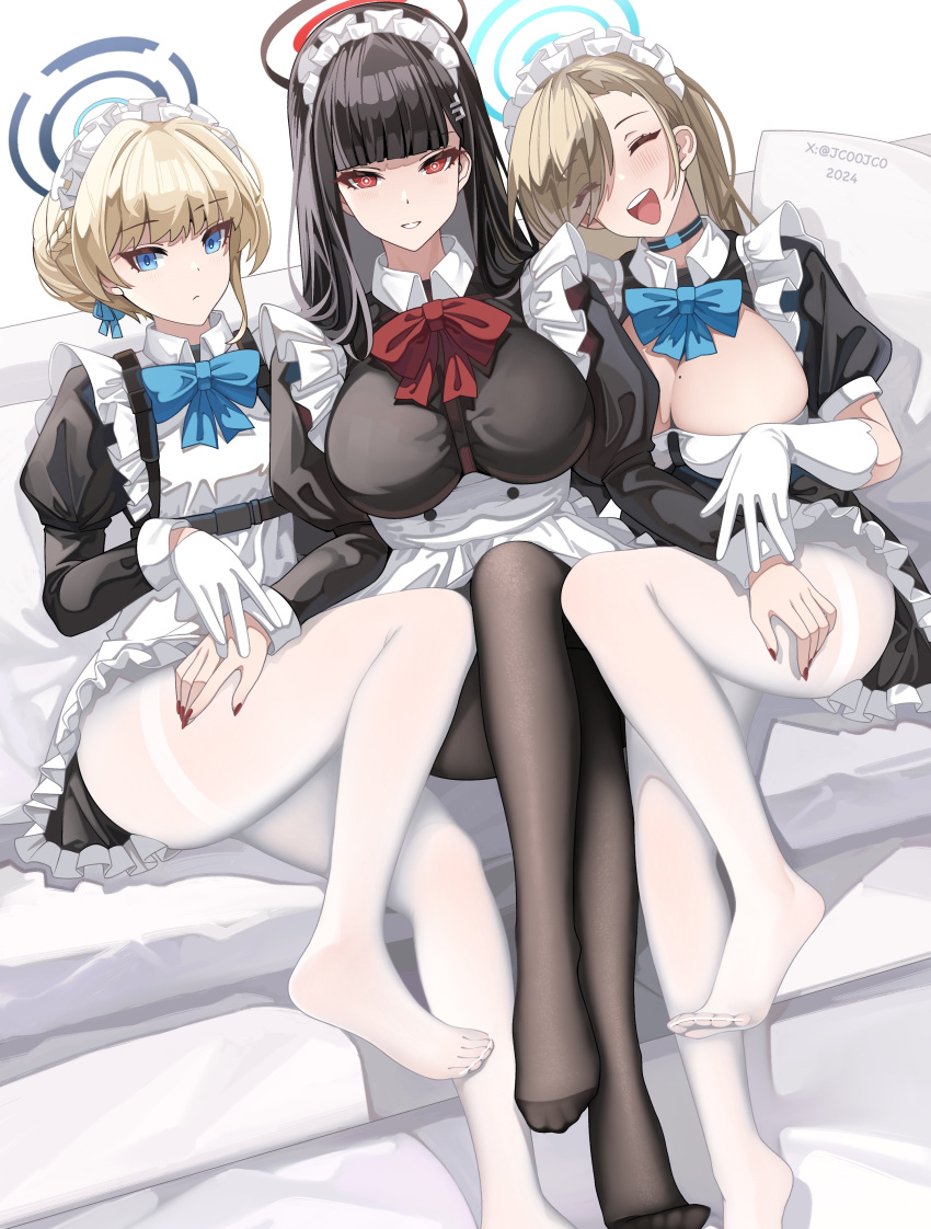 3girls :d ^_^ absurdres alternate_costume asuna_(blue_archive) black_hair black_halo black_pantyhose blonde_hair blue_archive blue_bow blue_bowtie blue_eyes blue_halo bow bowtie breasts brown_hair cleavage closed_eyes crossed_legs dated enmaided fingernails gloves halo highres large_breasts long_hair looking_at_viewer maid mole mole_on_breast multicolored_halo multiple_girls nail_polish pantyhose red_bow red_bowtie red_eyes red_halo red_nails rio_(blue_archive) senjouhara_nira short_hair smile toki_(blue_archive) twitter_username two-tone_halo white_gloves white_pantyhose